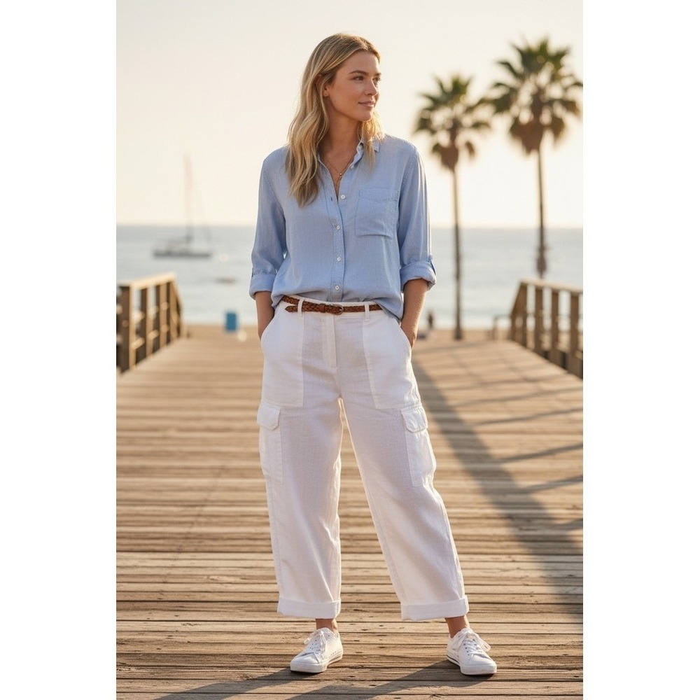 Linen LOFT Cargo Pants Womens 12P Petite White Straight Leg Mid Rise Lightweight